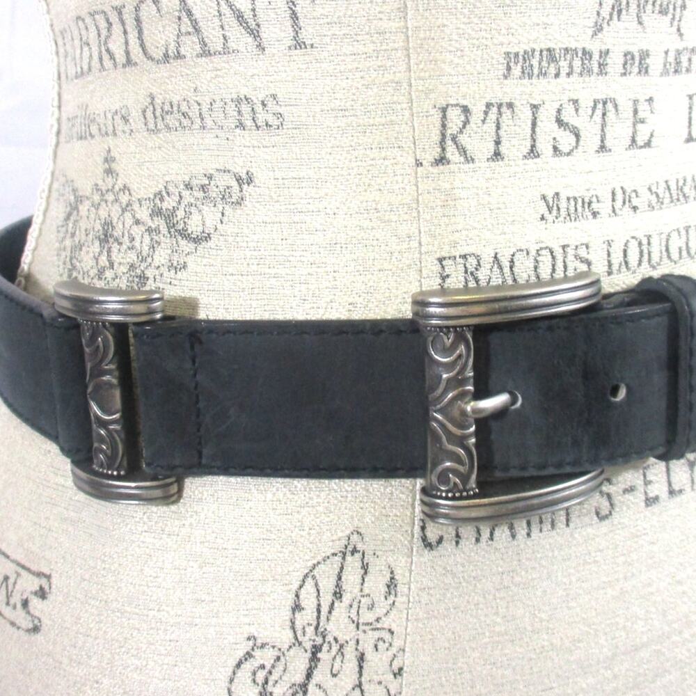 Vintage Liz Claiborne Black Leather Belt with Silver Nordic Style Buckles Large